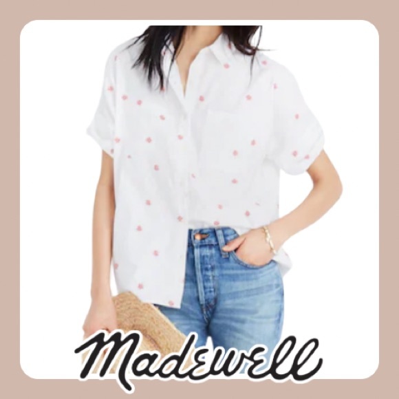Madewell | Embroidered Pink Daisy Courier Button Down Shirt Top - Picture 1 of 9